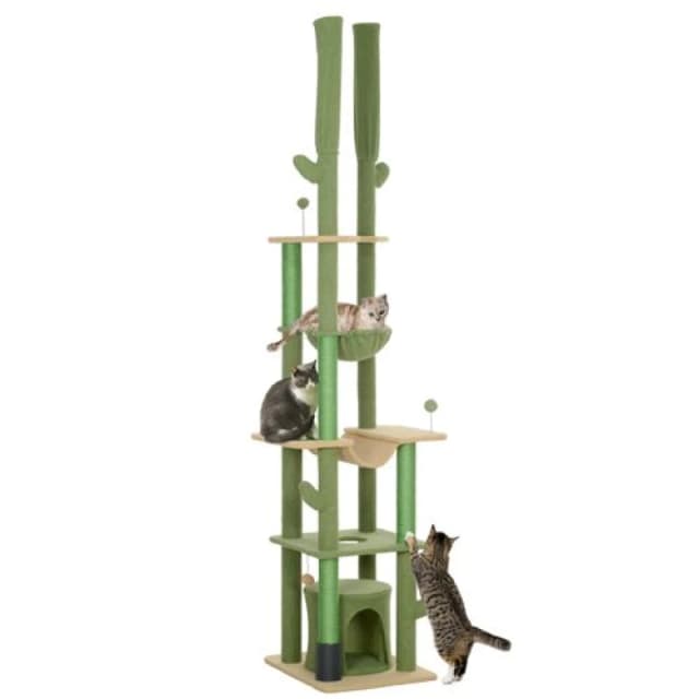 PawHut 225-255Hcm Floor to Ceiling Cat Tree w/ Hammocks, Condo - Green - Pawhut 5061025013562