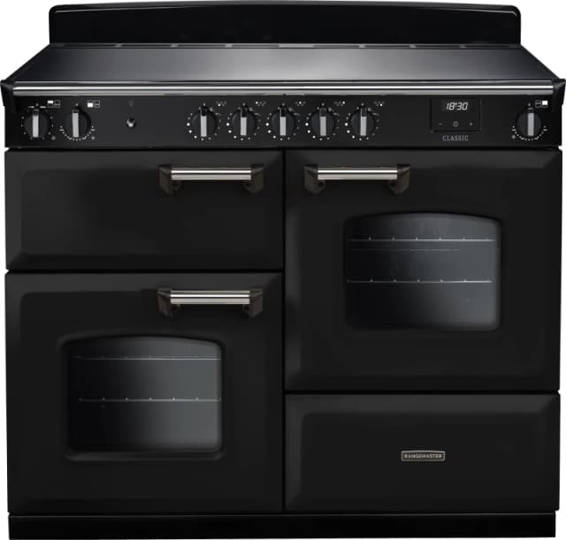 Rangemaster Classic OC CLO110EIPGBL/CM1 110cm wide Electric Range Cooker with Zone induction hob Hob - Black / Chrome - A Rated