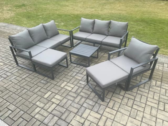 Fimous Aluminium Outdoor Lounge Sofa Set Garden Furniture Sets with Square Coffee Table Chair 2 Big Footstools Dark Grey Dark Grey Unisex