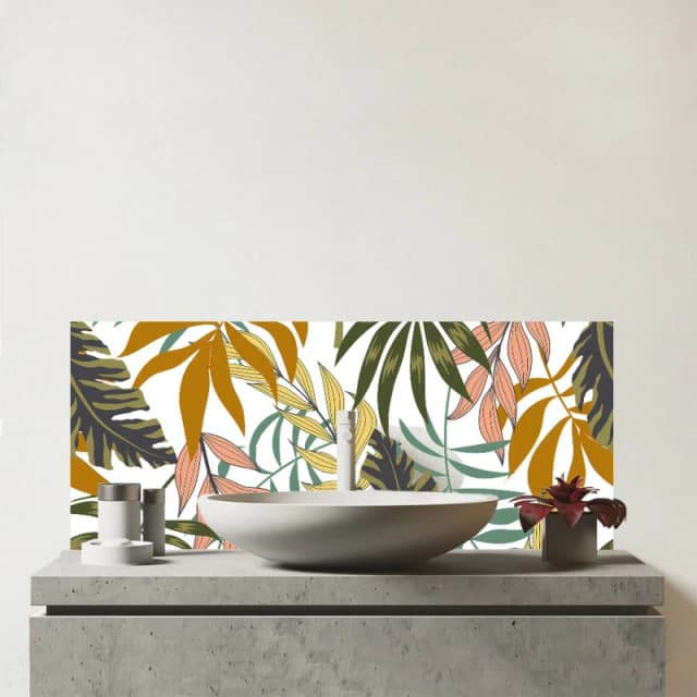 Warren Reed - Designer Tropical Leaves Glass Bathroom Splashback in Green Green Unisex