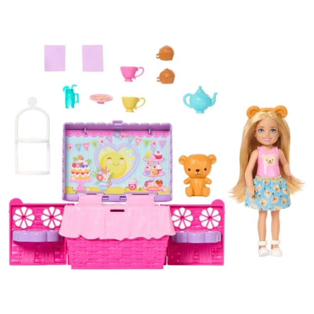 Barbie Family & Friends Club Chelsea Pop-Up Tea Party Playset with Blonde Small Doll Transforming Picnic Basket & 10+ Accessories JJB40
