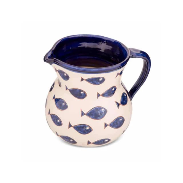 Verano Spanish Ceramics Signature Blue & White Fish Hand Painted Ceramic Kitchen Dining Large Jug 1.5L (H) 19cm Blue Unisex
