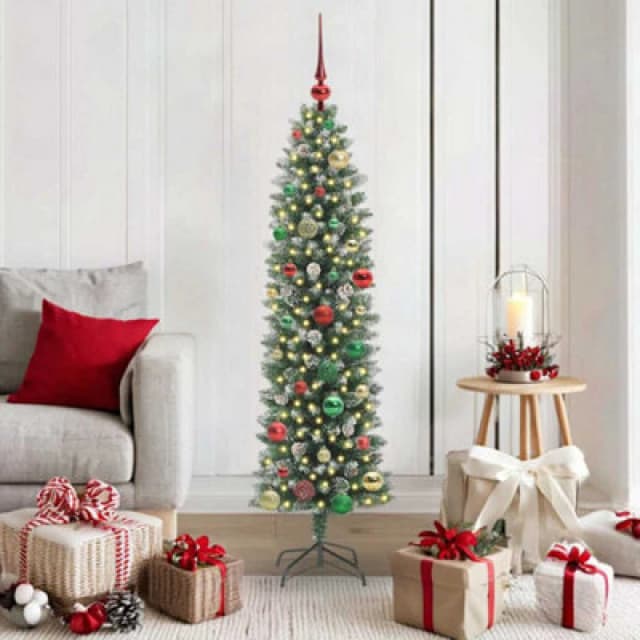 vidaXL Artificial Slim Christmas Tree with Multicolour Balls Green and white 150 cm, Green 3395289