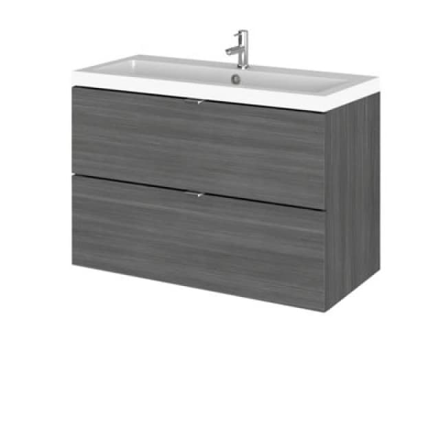 Hudson Reed Fusion Wall Hung 2 Drawer Vanity Unit & Polymarble Basin, Sink Vanity Unit, Anthracite Woodgrain, 800mm