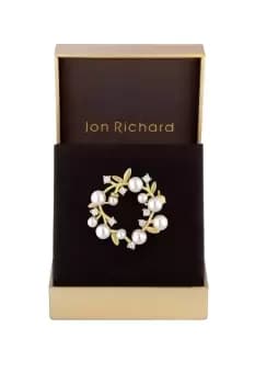Gold Plated Pearl And Cubic Zirconia Crystal Wreath Brooch - Gift Boxed