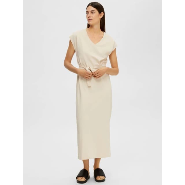 Selected Femme Cap Sleeve Belted Midi Dress - Beige Beige 8