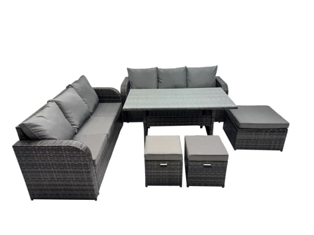 Fimous 9 Seat Outdoor Dining Table Sofa Set with 3 Stools Dark Grey Mixed Dark Grey Unisex