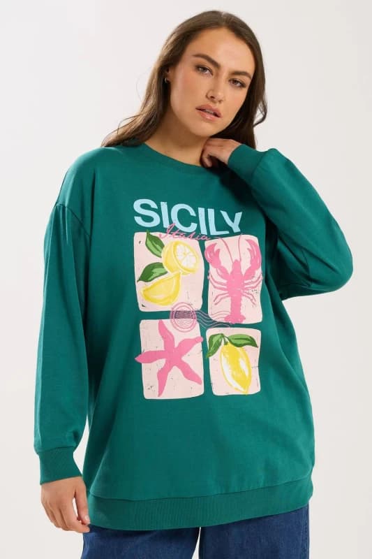 Yours Womens 'Sicily' Slogan Sweatshirt in Teal Size: 26-28 Teal Female 26-28