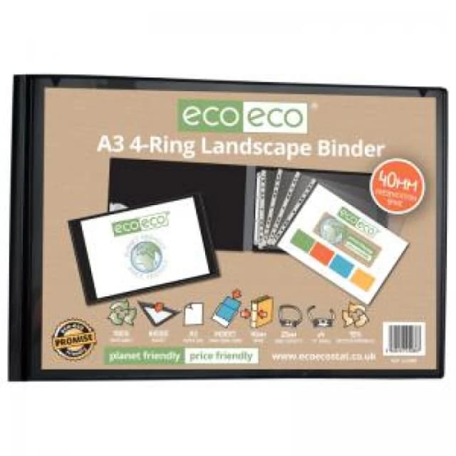 Eco Eco A3 25mm 95% Recycled Presentation 4 Ring Landscape Binder Black eco088-S