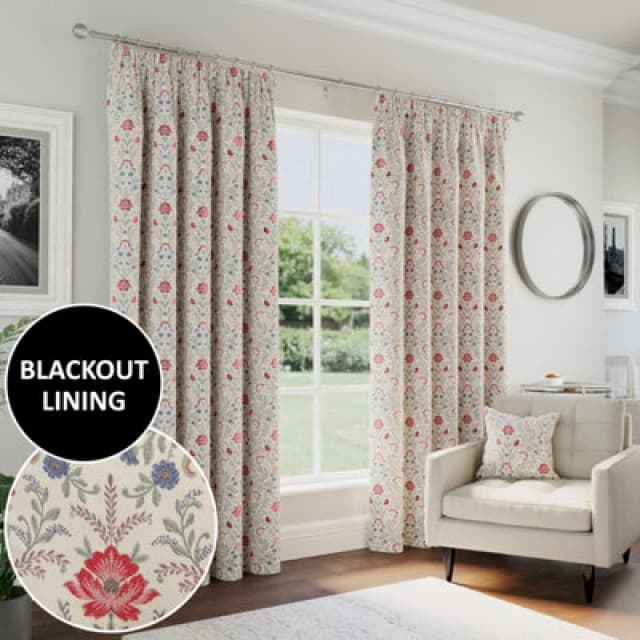 Enhanced Living Cotswold Floral 100% Blackout Tape Top Curtains - Red Red 90x108in