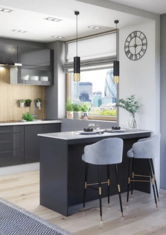 Furneo Kitchen Island Modern Breakfast Bar Shelves Graphite & Marble Effect Ki02