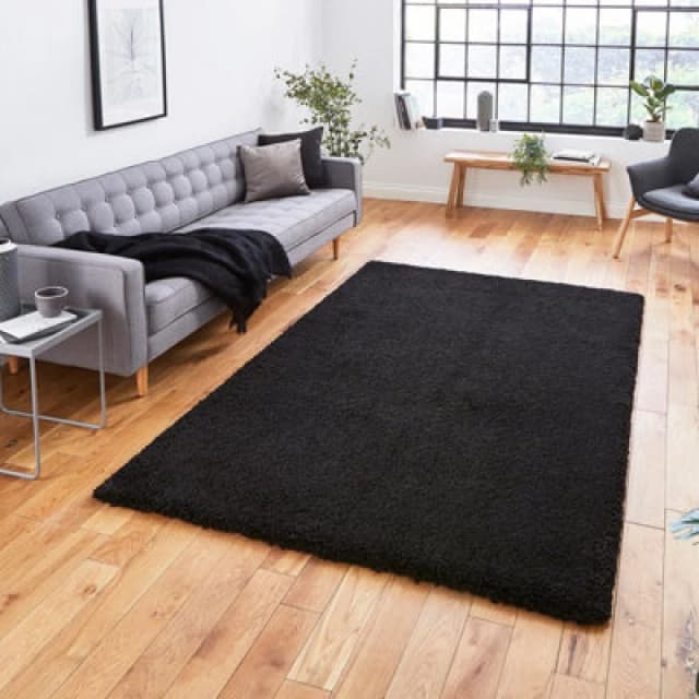 (80x150cm) Sierra 9000 Shaggy Rugs in Black High Dense Soft Polypropylene Mats