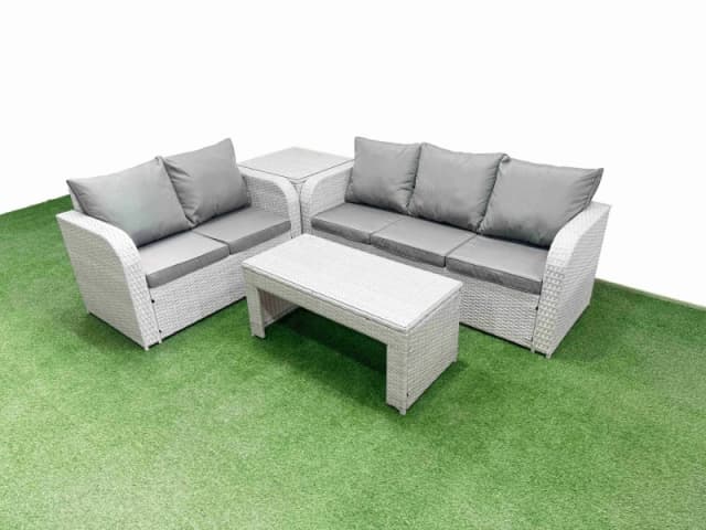 Fimous 5 Seater PE Rattan Wicker Garden Furniture Patio Conservatory Sofa Set with Oblong Coffee Table 3 Seater Sofa Love Sofa Side Table Light Grey