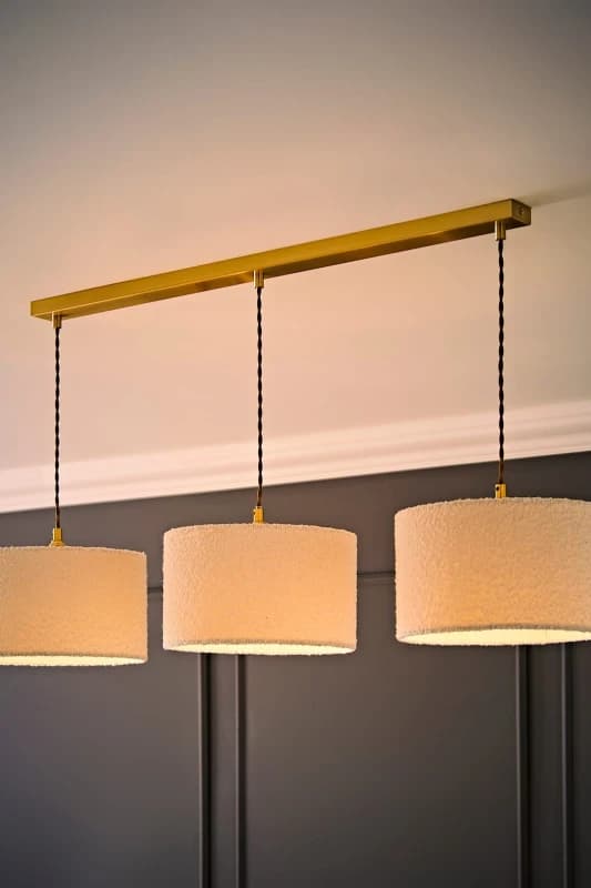 ValueLights ValueLights Reni Cream Boucle Drum Shade 3 Drop Bar Gold Diner Ceiling Light with LED Bulbs Cream One Size Unisex 5059406063978