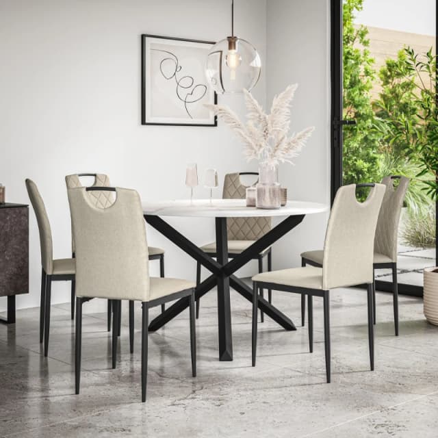 More4Homes Malvern Round Dining Table & Chairs - Marble Table Top w Solid Oak Black Legs + Monza Fabric Dining Chair Set Of 6 in Beige Beige Unisex