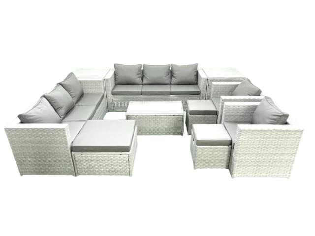 Fimous Outdoor Rattan Sofa Garden Furniture Set with 2 Armchairs Oblong Coffee Table 3 Footstools 2 Side Tables Light Grey Mixed Light Grey