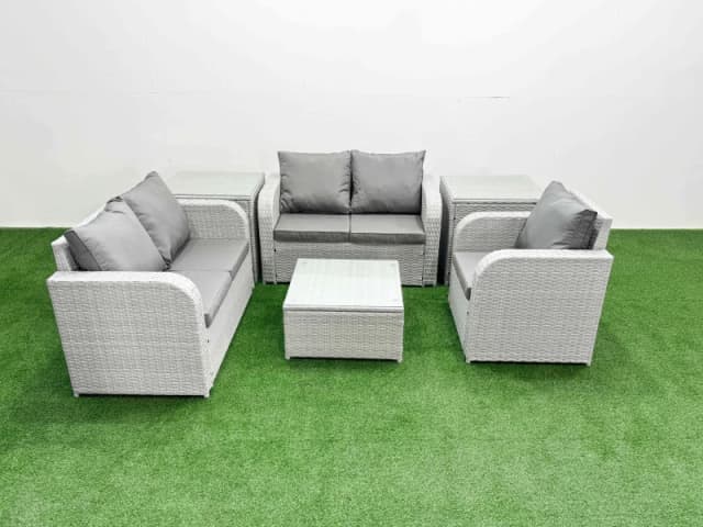 Fimous High Back Poly Rattan Garden Furniture Set with Reclining Chair Loveseat Sofa Square Coffee Table Indoor Outdoor Patio Set 2 Side Table Light