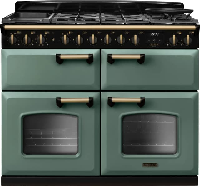 Rangemaster Classic Deluxe 110 CLDLB110DFPMGR/AB1 110cm wide Dual Fuel Range Cooker with Gas Hob - Mineral Green / Antique Brass - A/A/A Rated
