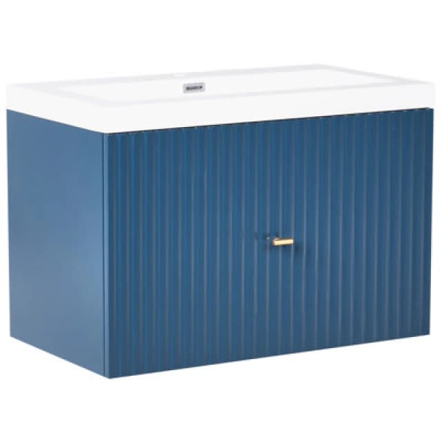 Beliani Wall Mounted Vanity Unit With Basin Lago With Gold Handle 80 Cm Dark Blue