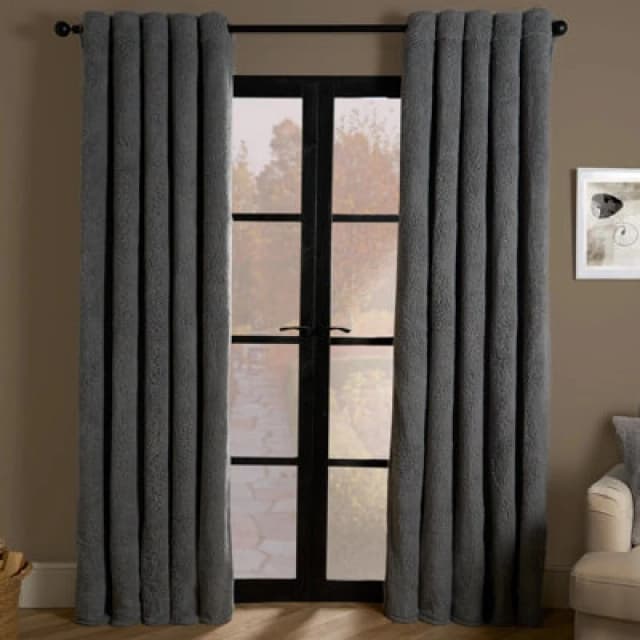 OHS OHS Teddy Fleece Eyelet Curtains Thermal Pair Ready Made Soft Thick Fabric Ring Top in Grey Size: 117cm width x 137cm drop Grey 117cm width x 13