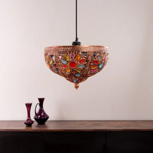 VALUELIGHTS Samia Moroccan Bazaar Style Bronze Uplighter Easy Fit Ceiling Light Shade with Multi Coloured Jewels - Bulb Included B4082