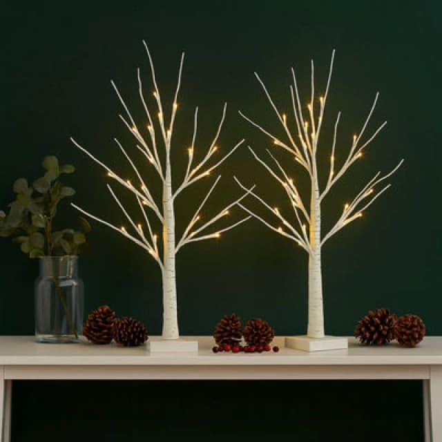 Neo Set Of 2 LED Pre Lit Twig Tree Lights 60Cm Birch Tree Lamp Warm White Lights Battery Operated Decorative Centrepiece Flexible