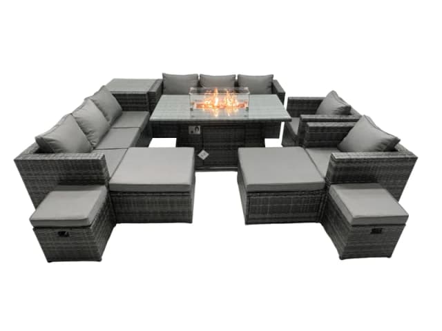 Fimous Rattan Garden Furniture Firepit Dining Set 12 Seater Lounge Sofa Table Set with side table 2 big Footstool Dark Grey