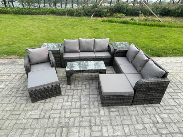 Fimous Outdoor Lounge Sofa Set 9 Seater Rattan Garden Furniture Set with Rectangular Coffee Table 3 Seater Sofa 2 Side Tables 2 Big Footstool Dark Gre