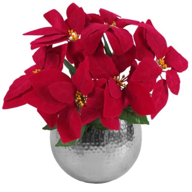Leaf Artificial Christmas Xmas Red Poinsettia 40cm Silver Curved Metal Planter Red