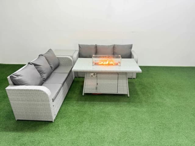 Fimous Outdoor Garden Furniture Sets 6 Seater Wicker Rattan Furniture Sofa Sets with Firepit Dining Table high Back Lounge Sofa Side Table Light Grey