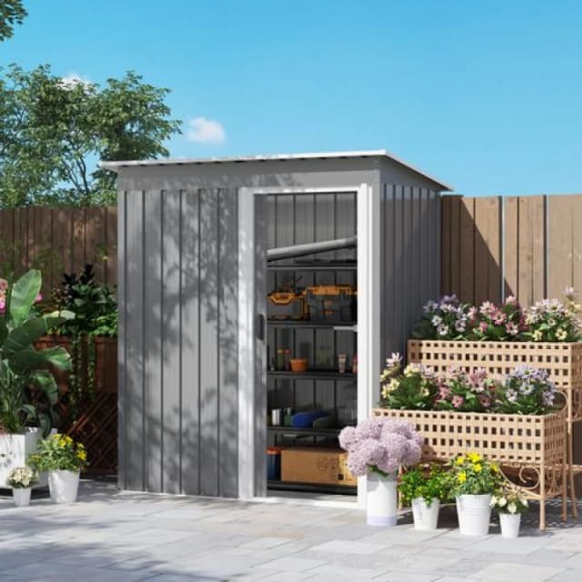Outsunny 5 x 3ft Garden Storage Shed Sliding Door Sloped Roof Tool - Grey TJ Hughes 5063603001893