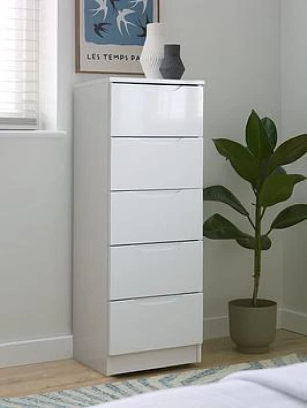 One Call Furniture Antibes 5 Drawer Tallboy Chest Ready Assembled Gloss White LEWBT