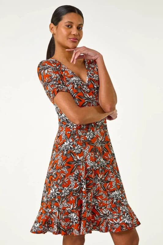 Roman Womens Floral Print V-Neck Wrap Stretch Dress in Orange Size: 18 Orange Female 18