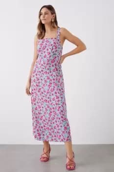 Blue Floral Print Square Neck Cami Midi Dress