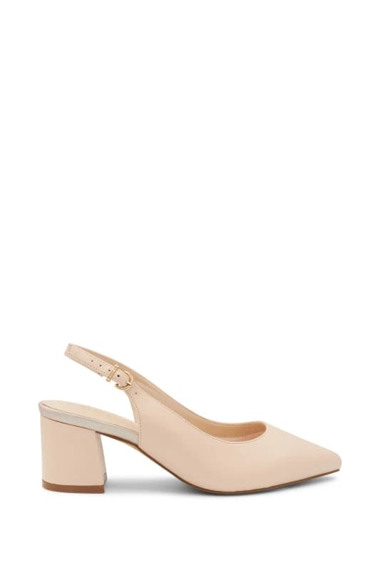 Paradox London Wide Fit Shimmer 'Flynn' Mid Block Heel Sling Back Court Shoe Nude