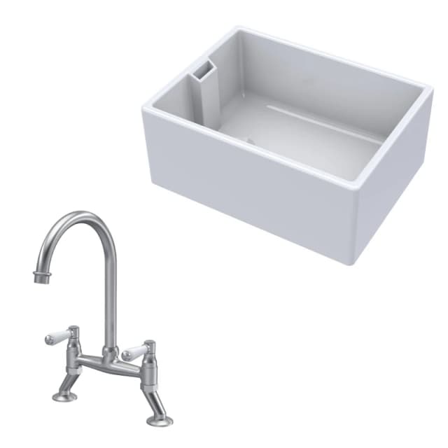 Balterley Fireclay 1 Bowl Belfast Sink Mixer Tap Brushed Nickel 615mm White