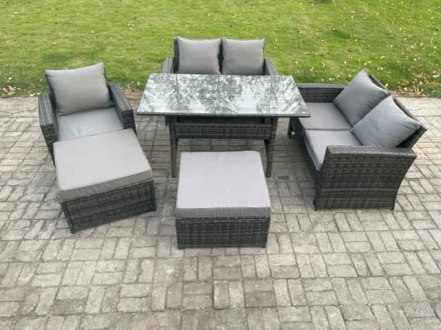 Fimous High Back Outdoor Garden Furniture Rattan Sofa Dining Table Set with Armchair 2 Big Footstool Dark Grey Mixed Dark Grey Unisex