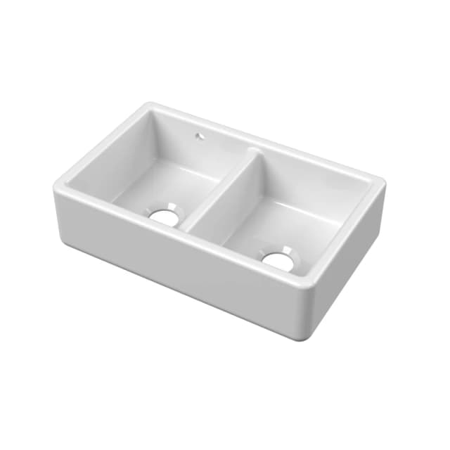 Balterley Fireclay Double Bowl Kitchen Sink with 36mm Sides, Stepped Weir 795mm White