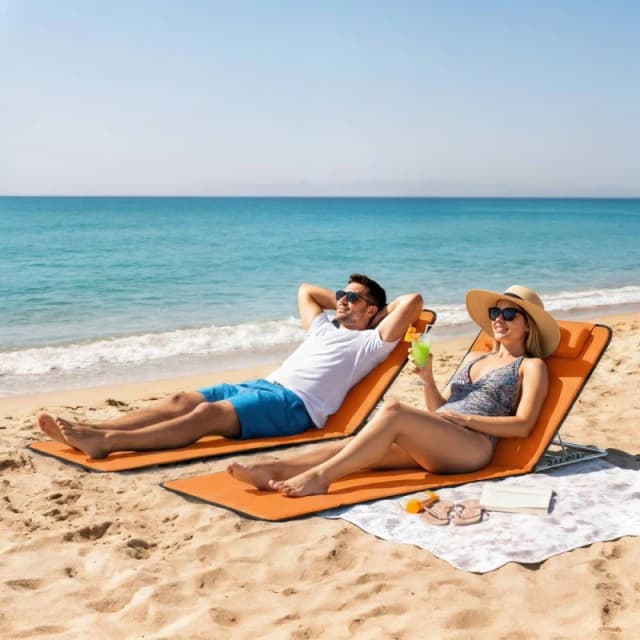 OUTSUNNY 2 Pieces Outdoor Beach Mat Steel Reclining Chair Set Orange Orange Unisex