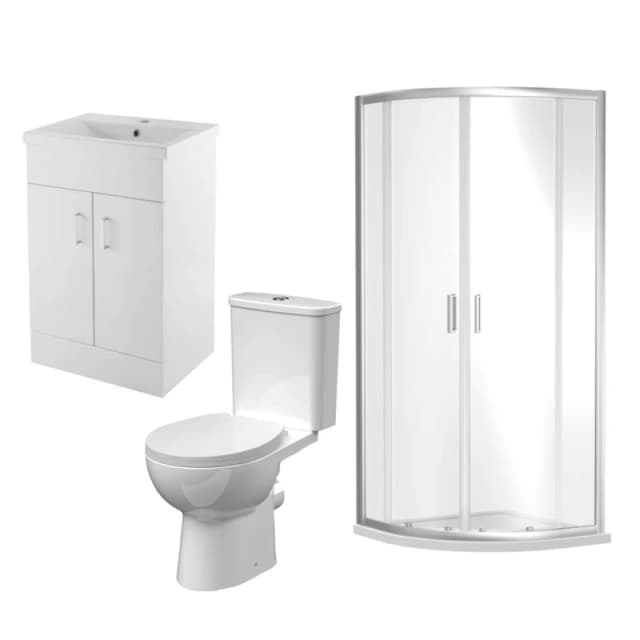 BALTERLEY 900mm Quadrant Shower Enclosure Suite with Shower Enclosure, Shower Tray, Waste, Vanity Basin Unit,Toilet and Seat - Chrome/White BBBZ012