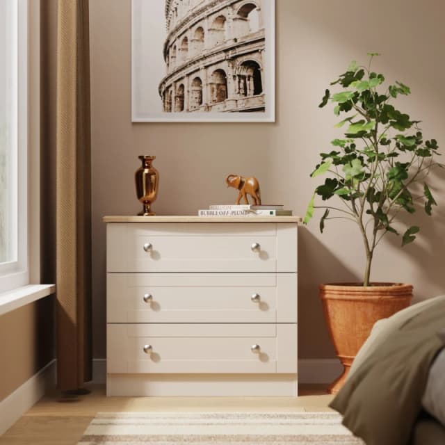 Santander Ready Assembled Matt Beige & Oak 3 Drawer Wide Chest (H)692mm (W)765mm (D)415mm
