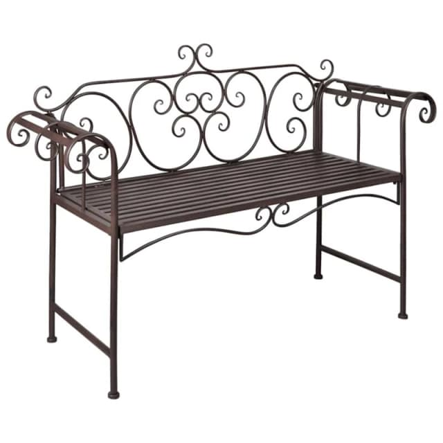 Metal Brown Garden Bench Scroll-patterned Detailing Backrest Weatherproof
