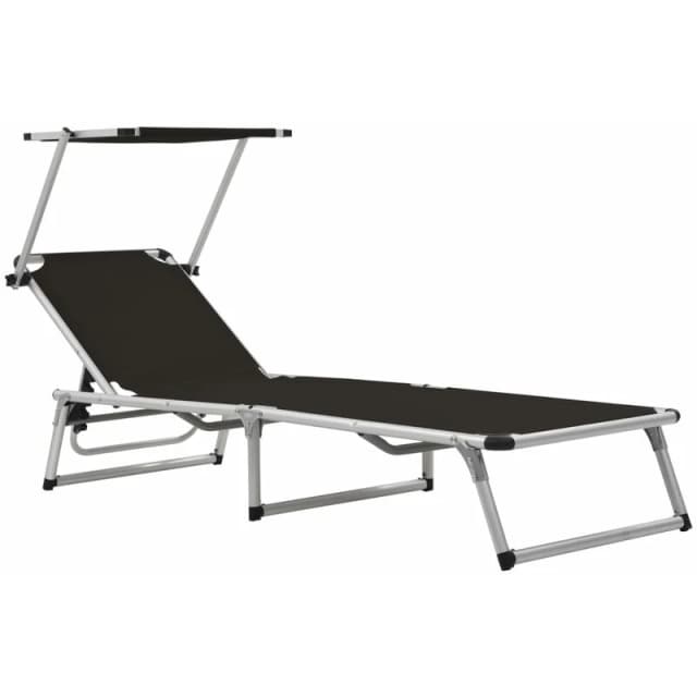 VIDAXL Folding Sun Lounger with Roof Aluminium and Textilene Black Vidaxl 8718475621300