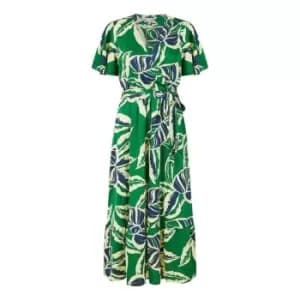Yumi Green Tropical Print Wrap Midi Dress - Green