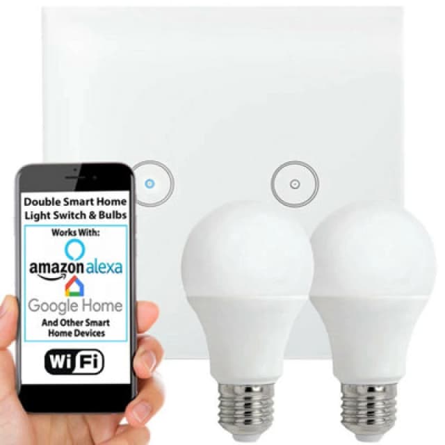 Loops WiFi Light Switch & Bulb 2x 10W E27 Warm White Lamp & Double Wireless Wall Plate White