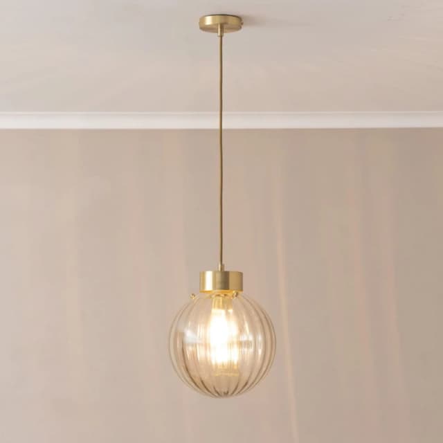 ValueLights ValueLights Chessy Ribbed Glass Globe Brushed Gold Capped Ceiling Pendant Light with Bulb in Amber Amber One Size Unisex 5059406063800