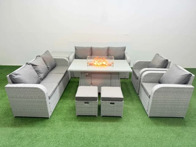 Fimous PE Rattan High Back Lounge Sofa Set Patio Firepit Dining Table & Chairs Set with 3 Seater Sofa Reclining Chair Stools Side Table Light Grey Lig
