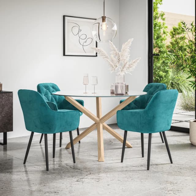 More4Homes Malvern Round Dining Table And Chairs - Clear Glass Table Top W Solid Oak Legs + Anika Velvet Dining Chair Set Of 4 (Blue)