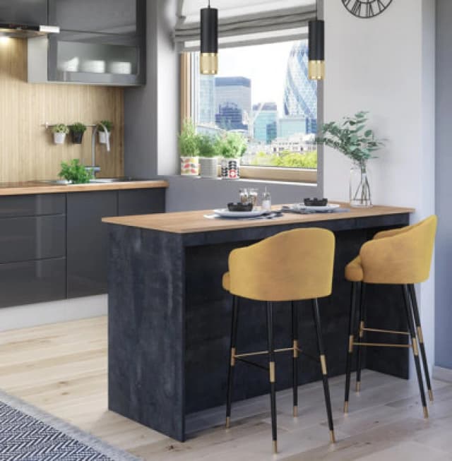 Furneo Kitchen Island Modern Breakfast Bar Shelves Black Concrete & Oak Effect Ki04