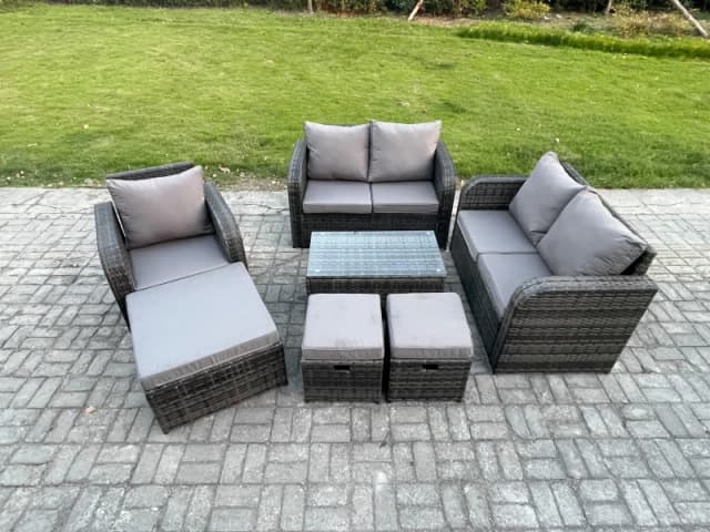 Fimous High Back Rattan Garden Furniture Set with Loveseat Sofa Rectangular Coffee Table 3 Footstools Indoor Outdoor Patio Lounge Sofa Set Dark Grey M